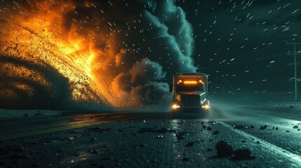 A large truck is driving down a road next to a raging fire