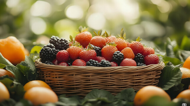 Freshly picked strawberries and blackberries in a wicker basket.