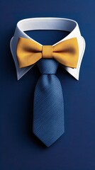 Stylish shirt collar featuring a yellow bow tie and blue tie on a dark blue background, perfect for formal occasions.