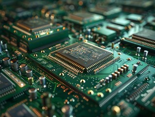 Close-up of intricate circuit board featuring multiple microchips illuminated with soft lighting in a tech workshop