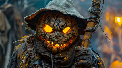 Spooky Halloween Night. Eerie Pumpkin Lanterns and Ghostly Figures.
