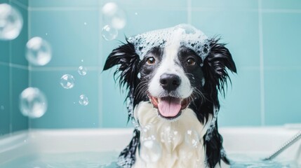 Border Collie in Bubbly Bath, A Border Collie enjoys a deep conditioning treatment, surrounded by floating bubbles, with a soothing sky blue backdrop and ample copy space.