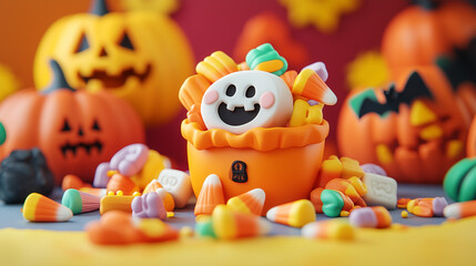 Fototapeta premium Claymation Halloween Candy Frenzy. trick-or-treat bag,