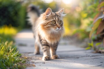 Obraz premium cat in the garden. adorable fluffy cat walking outdoors in summer