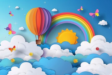 Beautiful fluffy clouds on a blue sky background with a hot air balloon and a sun