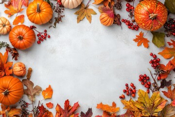 Autumnal Pumpkin and Leaf Border on White Background