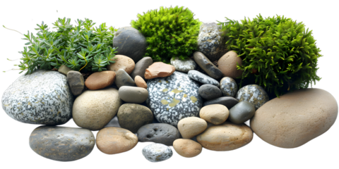 [Transparent Background PNG]Smooth Stones And Green Moss On White Background