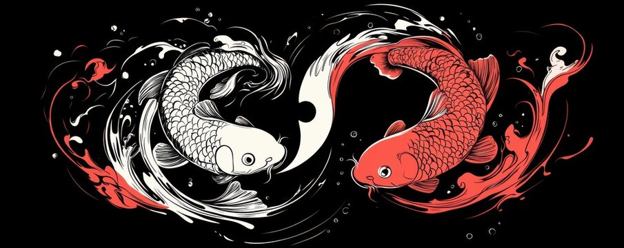 Black and white vector design featuring two koi fish in a yin yang composition, symbolizing balance and harmony in a stylized artistic form