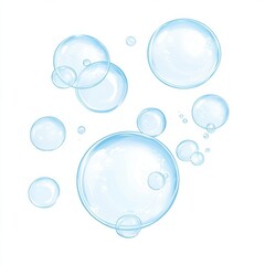 A whimsical collection of floating blue bubbles on a white background.