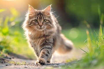 cat in the garden. adorable fluffy cat walking outdoors in summer