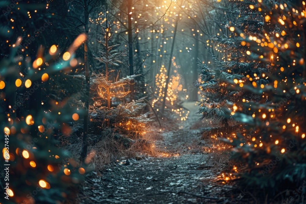 Poster A serene forest path illuminated by numerous lights, perfect for use in designs related to guidance, direction, or celebration