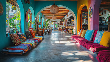 Obraz premium Bohemian Zen Hotel Lobby Vibrant and Calming high detail
