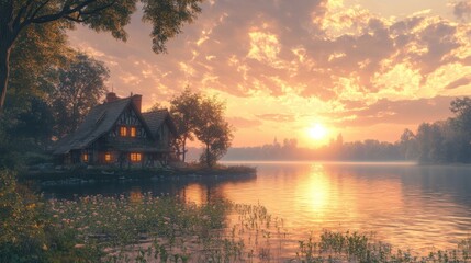 Fototapeta premium A serene lakeside cottage at sunset with vibrant clouds.