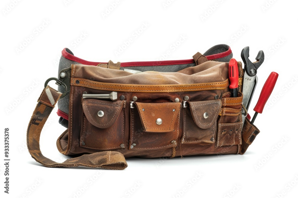 Poster a tool bag filled with various tools sitting on a white background