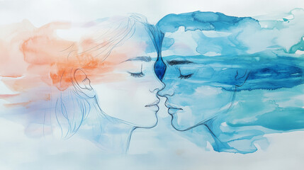 Fototapeta premium Watercolor drawing of a man and woman married couple in love kissing on Valentine's Day. 