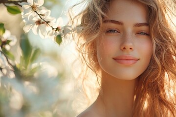 Fototapeta premium Beautiful young woman enjoying spring in the park, photo among blooming trees