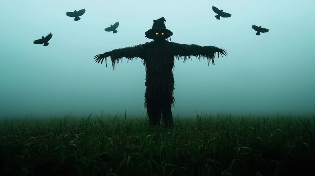 Sinister Scarecrow in Foggy Field - Halloween Horror Scene with Crows in Rural Setting, Copy Space for Text