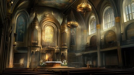Fototapeta premium The interior of a grand cathedral with vaulted ceilings, stained glass windows, and an ornate pipe organ. The altar is decorated with flowers and candles.