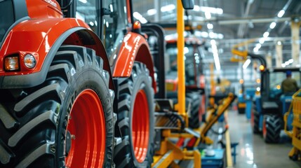 A row of tractors parked in a warehouse