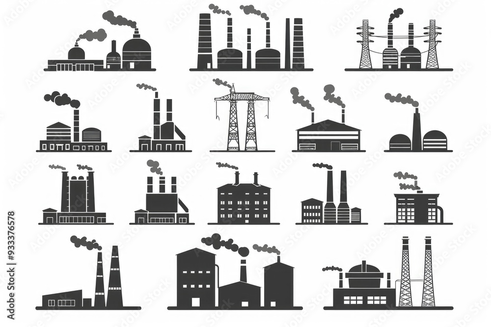 Poster aerial view of an industrial complex with multiple buildings in shades of gray