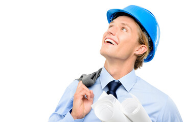 Thinking, architect and man with smile, studio and blueprint for renovation, planning and business. White background, space and person with documents for building construction or inspector with ideas