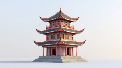 Naklejka premium Traditional Chinese Pagoda with curved roof and red pillars, isolated on white background.