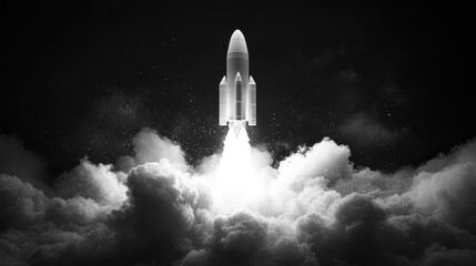 Naklejka premium Black and white illustration of a rocket taking off from the ground, surrounded by clouds, against a black background