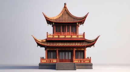 Fototapeta premium Traditional Chinese Temple with Curved Roofs and Red Wood.
