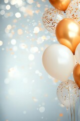 Gold and white balloons with confetti against a blurred background for a festive celebration