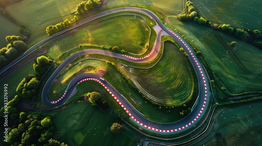 Wall mural Aerial view of a winding race track with cars racing