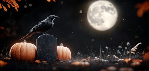 Naklejka premium Pumpkin with a carved face and crow in a spooky graveyard during Halloween night