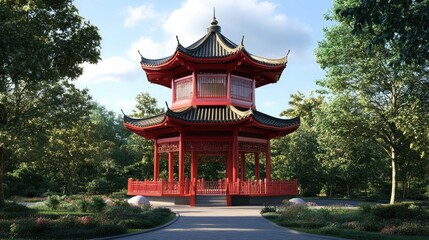 Naklejka premium Traditional red Chinese pavilion with a tiled roof, surrounded by lush greenery and a stone path.
