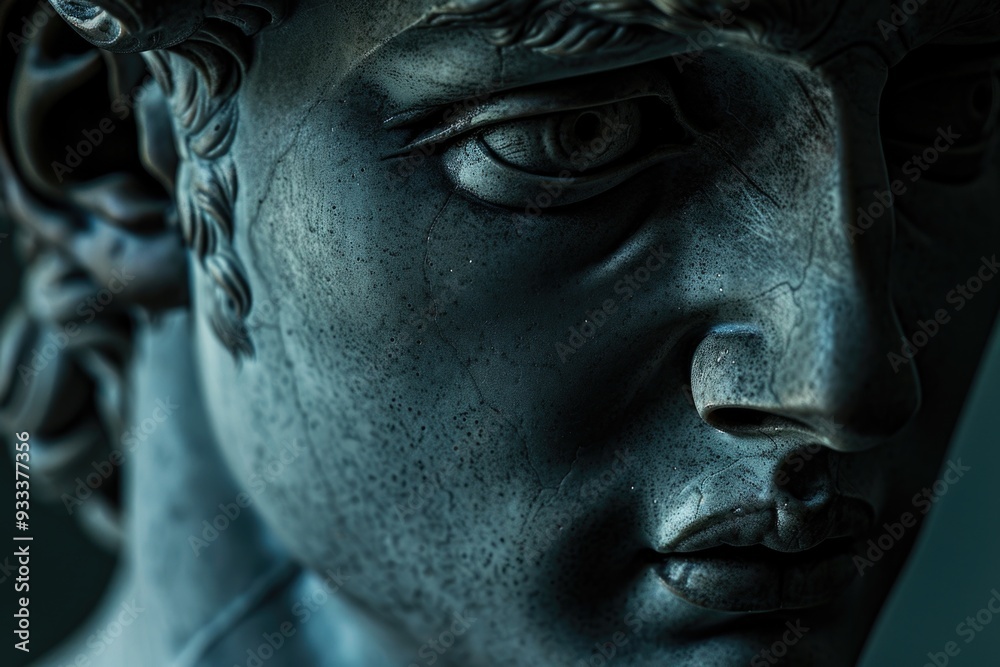 Poster close-up shot of a male statue's facial features, suitable for use in art or history-related context