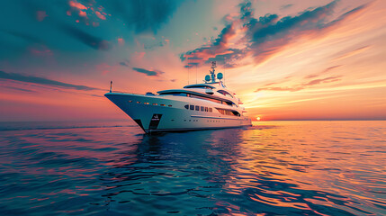 Fototapeta premium Luxury expensive white yacht boat on ocean or sea water during sunset photography. Summer cruise ships