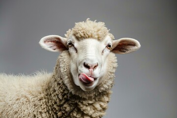 A close-up of a sheep showing its tongue