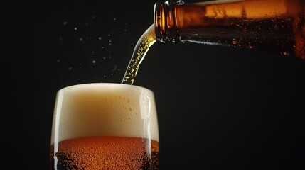 Dark Brown Bottle Pouring Beer into a Glass, Close-Up of Fresh, Steamed Beer. Lager Beer Foaming and Poured from Bottle into Glass