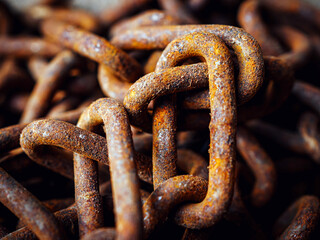Backgrounds and textures: links of very old weathered rusty chain, close up shot, industrial abstract rusty chain, macro