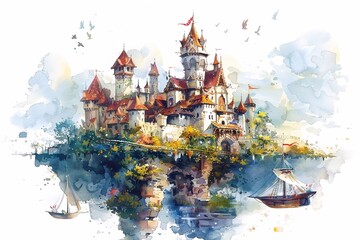 Obraz premium Flying Castle and boat. cute Watercolor Illustration 