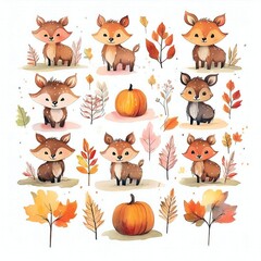 Fototapeta premium Watercolor style cliparts on the theme of autumn