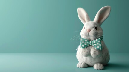 Obraz premium A cute white bunny wearing a polka dot bow tie against a teal background.