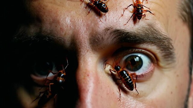 The face of a man with frightened eyes, on which large cockroaches crawl, creating an atmosphere of horror and fear