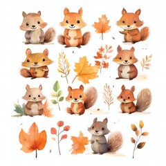 Fototapeta premium Watercolor style cliparts on the theme of autumn