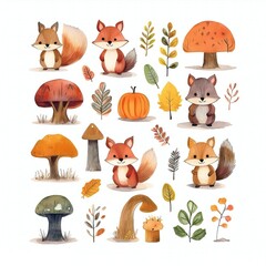 Fototapeta premium Watercolor style cliparts on the theme of autumn