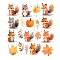 Fototapeta premium Watercolor style cliparts on the theme of autumn