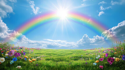 Beautiful rainbow arching across the blue sky, lush green grass with colorful flowers in the foreground