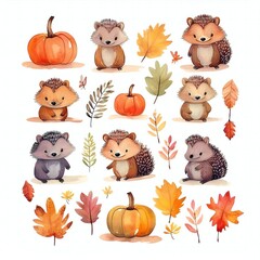 Fototapeta premium Watercolor style cliparts on the theme of autumn