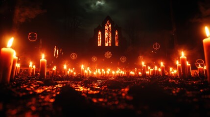 Fototapeta premium Mysterious Dark Ritual in Abandoned Church with Flickering Candles and Strange Symbols, Copy Space for Text, Selective Focus (Ultra HD)