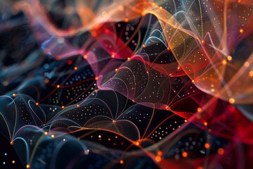 An intricate design featuring a complex pattern of intertwined lines and dots, creating a mesmerizing visual effect. The lines flow gracefully, forming loops and swirls, while the dots add a dynamic t