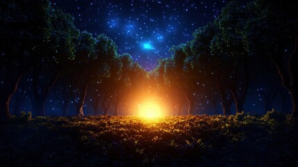 Fototapeta premium Enchanted Moonlit Forest Clearing with Rising Spirits - Spooky Halloween Background with Copy Space for Text, Selective Focus, Ultra HD