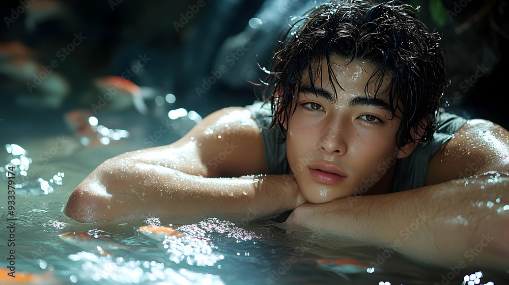 Canvas Prints Wet young man resting in water with fish.